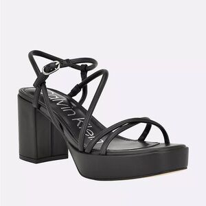 Calvin Klein Black Strappy Platform Block Heel Sandals with Ankle Buckle